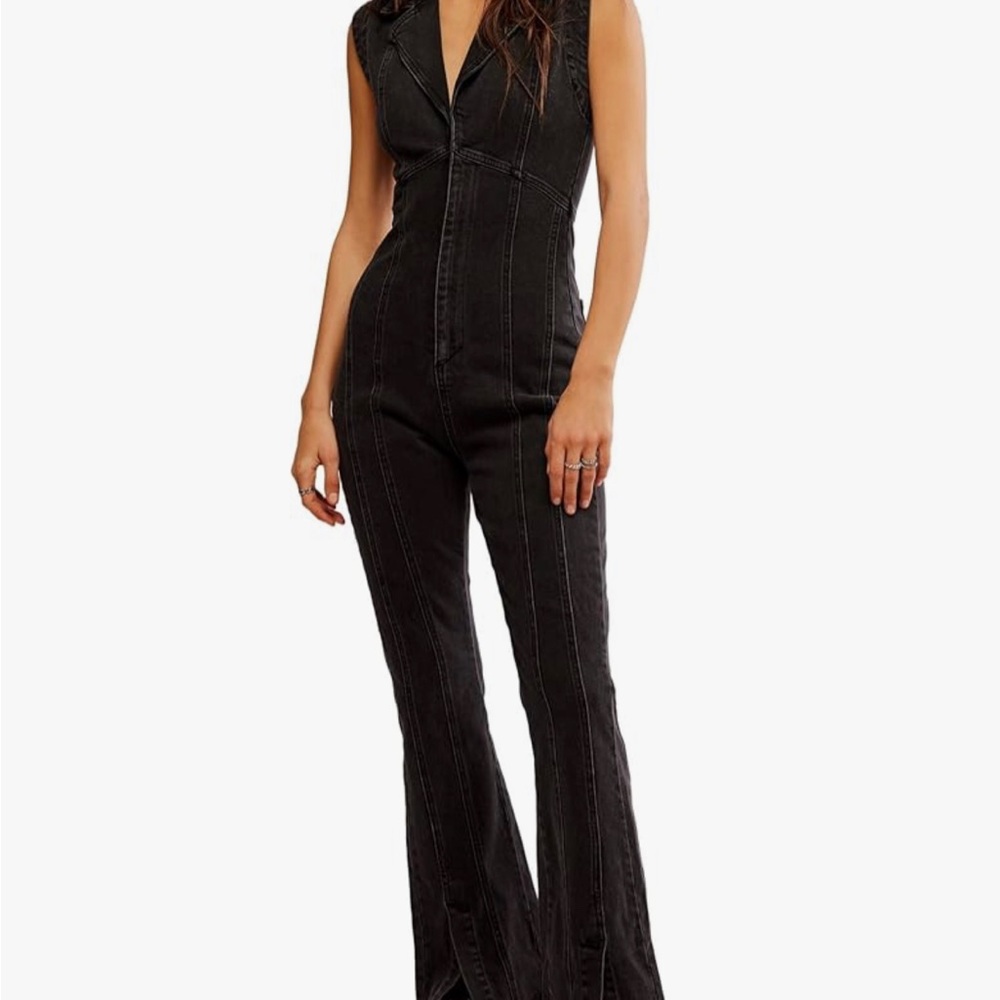 Free People Denim Black Sleeveless Jumpsuit